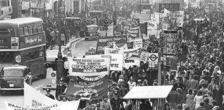 The 1975 Wigan-to-London march to free the Shrewsbury Two reaches London, where it had massive support
