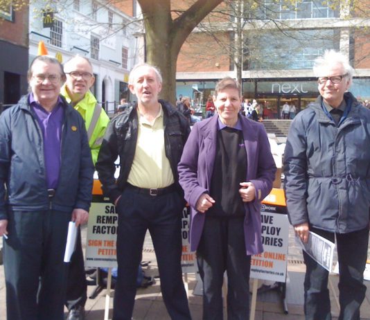 Part of the Norwich protest against the closure of Remploy factories. GMB official Glenn Holdom is 3rd from left