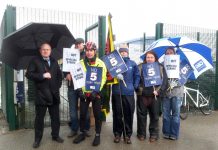 The NUT picket line at Ellis Guilford school in Nottingham yesterday – teachers are opposed to a 5-term year