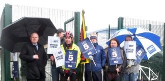The NUT picket line at Ellis Guilford school in Nottingham yesterday – teachers are opposed to a 5-term year