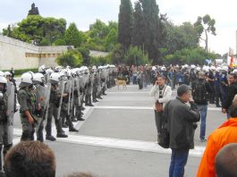 Riot police and demonstrations in front of the Vouli (Greek parliament)