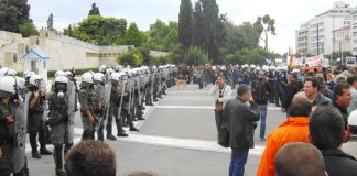 Riot police and demonstrations in front of the Vouli (Greek parliament)