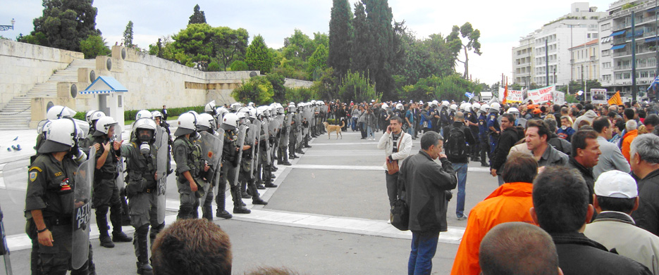 Riot police and demonstrations in front of the Vouli (Greek parliament)