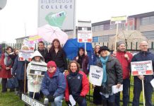 The 32-strong picket line at Bilborough College in Nottingham yesterday