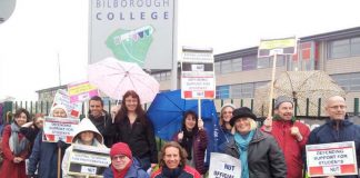 The 32-strong picket line at Bilborough College in Nottingham yesterday