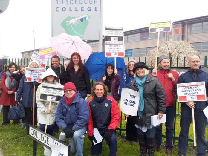 The 32-strong picket line at Bilborough College in Nottingham yesterday