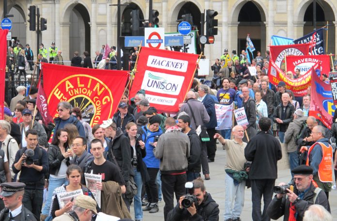 Trade union banners on the May Day march in London