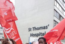 Unite members rallied at St Thomas’ Hospital before marching to the meeting of the striking unions at Central Halls, Westminster