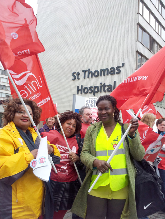 Unite members rallied at St Thomas’ Hospital before marching to the meeting of the striking unions at Central Halls, Westminster