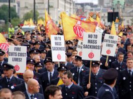 The FBU marching through London last year against frontline cuts to the fire service
