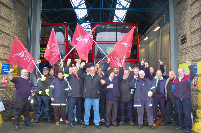 Busworkers in east London during a recent strike over pay