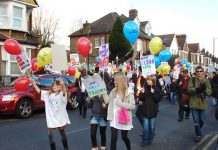 Downhills Primary School pupils leading the protest march through Hornsey against the forced Academy plan in January