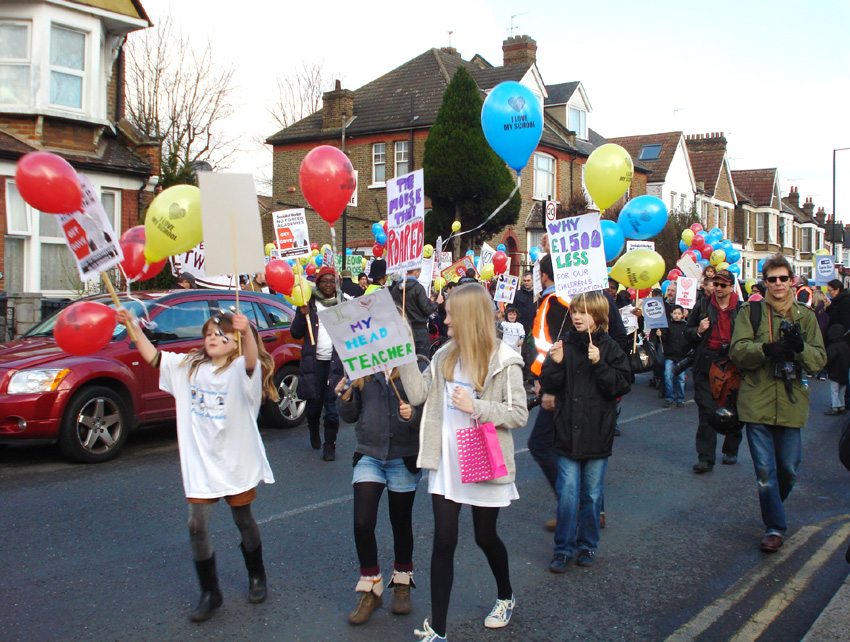 Downhills Primary School pupils leading the protest march through Hornsey against the forced Academy plan in January