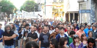 A section of Tuesday’s Co-ordination of Trades Unions demonstration in Athens (Antonis Stamatopoulos on the left with arms folded)