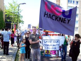 UCU lecturers facing 55 job cuts at Hackney College took to the streets with their banner along with students
