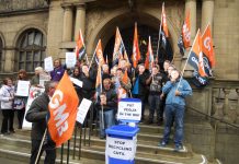 Striking Sheffield recycling workers lobbied the Labour council in Sheffield yesterday fighting wage and job cuts