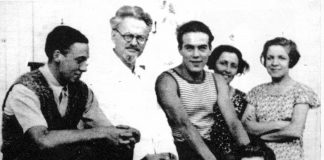 LEON TROTSKY (centre) with supporters in France in 1933 during his period of exile