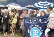 Over 50 doctors, health workers and supporters rallied outside the Royal London Hospital yesterday midday in defence of the NHS and pensions