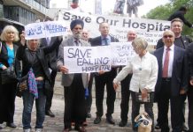 MPs, councillors and local residents demonstrated yesterday in Westminster to oppose the closure of the  A&Es in four West London hospitals – Ealing, Central Middlesex, Hammersmith and Charing Cross