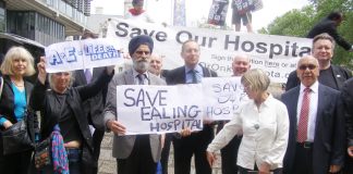 MPs, councillors and local residents demonstrated yesterday in Westminster to oppose the closure of the  A&Es in four West London hospitals – Ealing, Central Middlesex, Hammersmith and Charing Cross