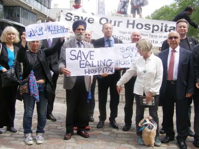 MPs, councillors and local residents demonstrated yesterday in Westminster to oppose the closure of the  A&Es in four West London hospitals – Ealing, Central Middlesex, Hammersmith and Charing Cross