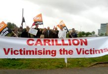 GMB members and supporters outside the Great Western Hospital in Swindon yesterday to show their support for the Carillion workers