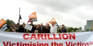 GMB members and supporters outside the Great Western Hospital in Swindon yesterday to show their support for the Carillion workers