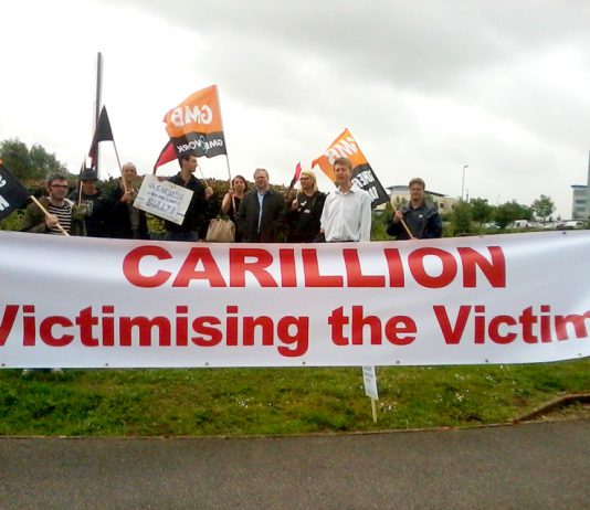 GMB members and supporters outside the Great Western Hospital in Swindon yesterday to show their support for the Carillion workers