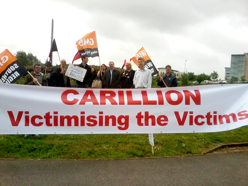 GMB members and supporters outside the Great Western Hospital in Swindon yesterday to show their support for the Carillion workers