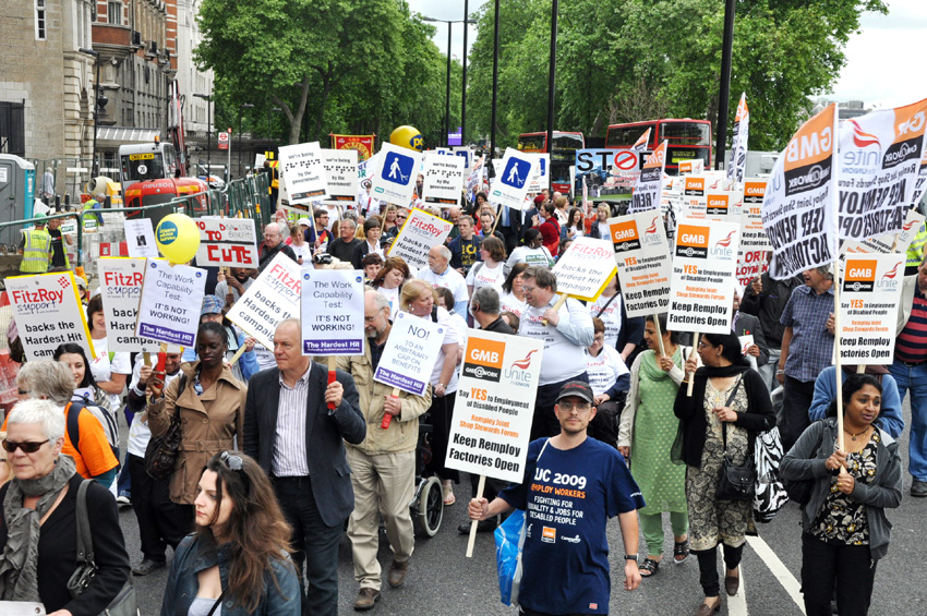 GMB Remploy workers on a march demanding more rights for the disabled