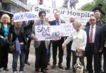 Demonstration outside the sham ‘consultation’ over the west London hospital closures at Westminster City Hall on June 26