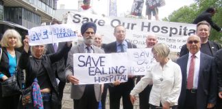 Demonstration outside the sham ‘consultation’ over the west London hospital closures at Westminster City Hall on June 26