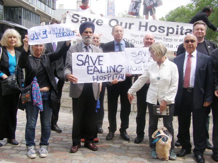 Demonstration outside the sham ‘consultation’ over the west London hospital closures at Westminster City Hall on June 26