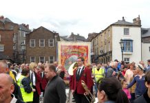 A small section of the march around the Durham Miners banner on Saturday
