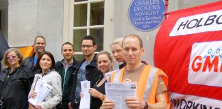 GMB members on strike outside the BMA head office in Tavistock Place, central London, yesterday