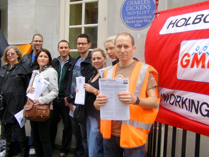 GMB members on strike outside the BMA head office in Tavistock Place, central London, yesterday
