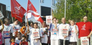 Blood-testing workers demonstrate to stop the closure of Colindale NHS Blood and Transplant Testing Laboratory