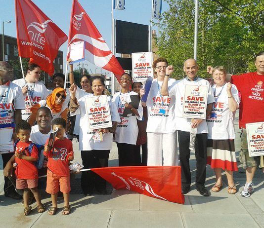 Blood-testing workers demonstrate to stop the closure of Colindale NHS Blood and Transplant Testing Laboratory