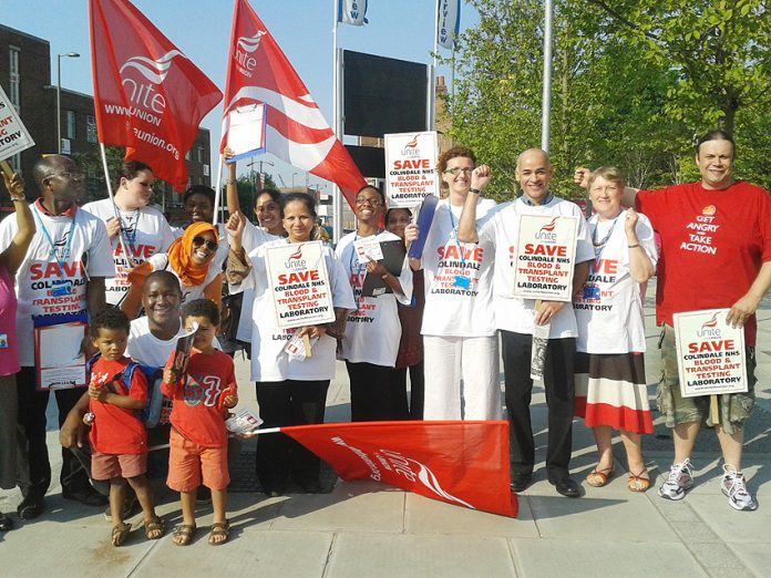 Blood-testing workers demonstrate to stop the closure of Colindale NHS Blood and Transplant Testing Laboratory