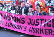 Teachers union leaders with the front banner on the huge London march during last November’s pensions strike