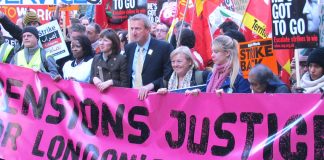 Teachers union leaders with the front banner on the huge London march during last November’s pensions strike