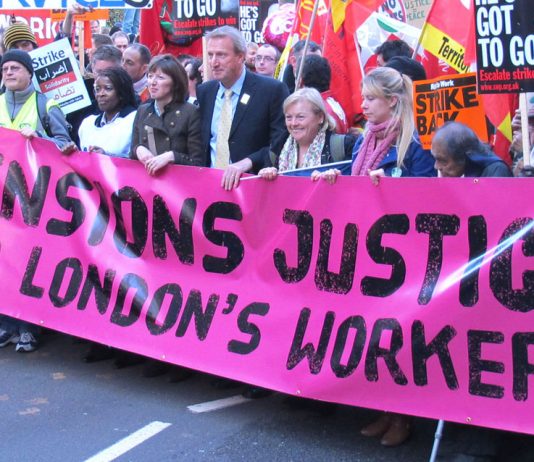 Teachers union leaders with the front banner on the huge London march during last November’s pensions strike