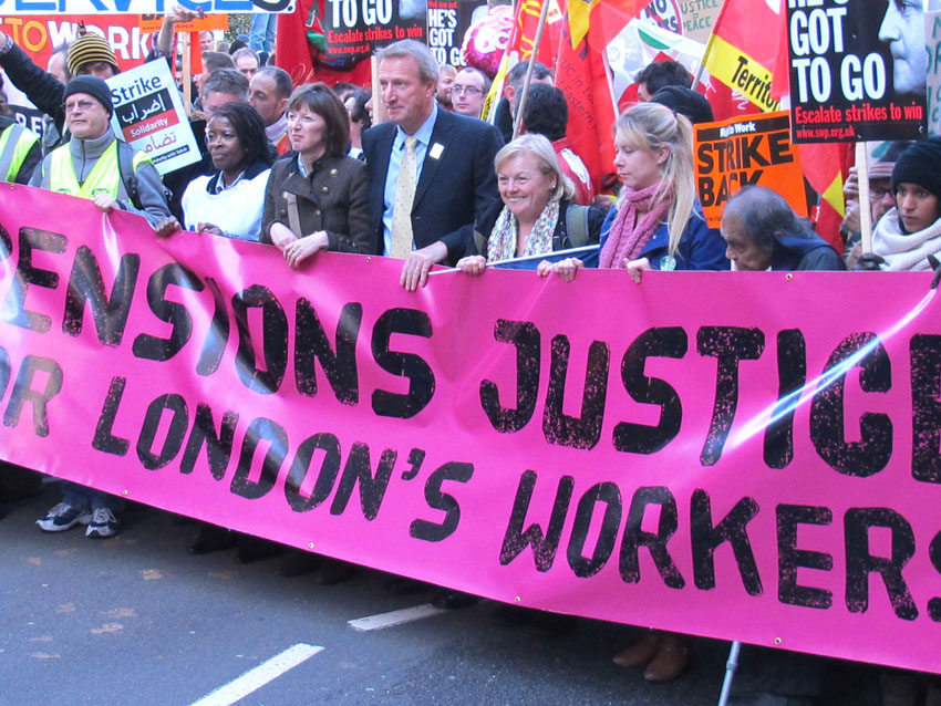 Teachers union leaders with the front banner on the huge London march during last November’s pensions strike