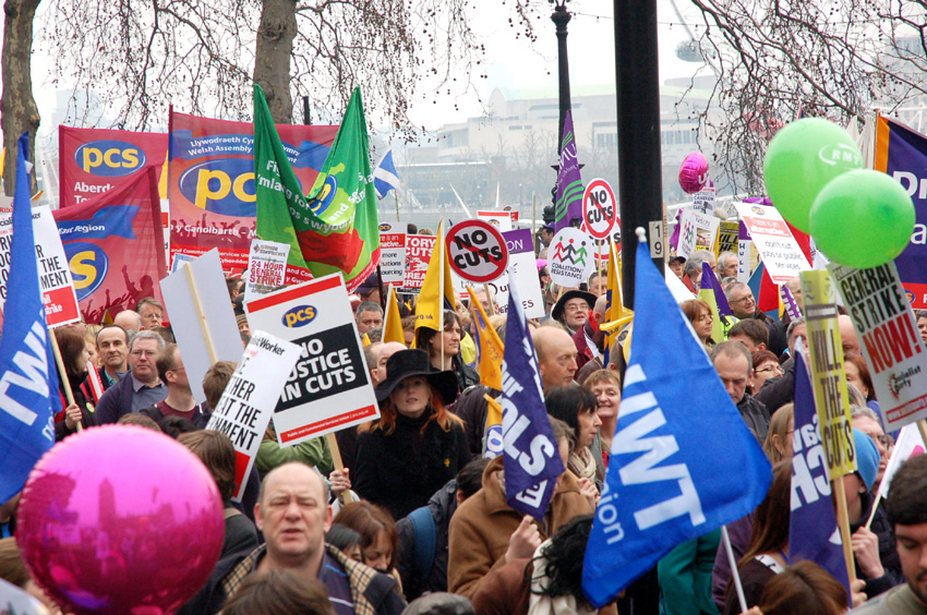 PCS banners on the 500,000-strong TUC demonstration on March 26 last year in London against the Coalition’s cuts