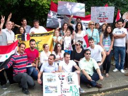 A section of the demonstration in support of President Assad and the Syrian Army outside the country’s embassy in London on Saturday