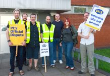 PCS picket line outside Baltic House in Norwich yesterday. PCS secretary for Norfolk and Suffolk, Dave Seagrave (lefy)