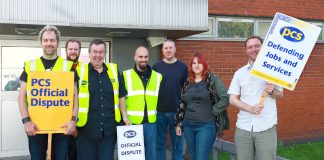 PCS picket line outside Baltic House in Norwich yesterday. PCS secretary for Norfolk and Suffolk, Dave Seagrave (lefy)
