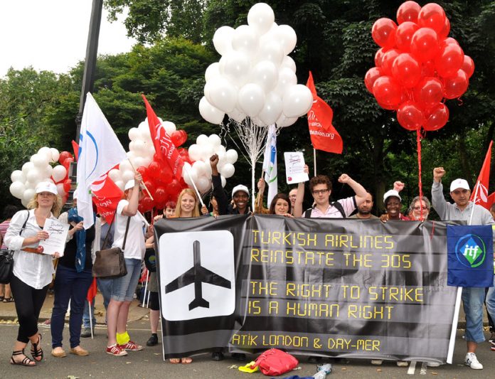 Picket of the Turkish embassy in London on July 27 in support of the sacked Turkish Airlines workers