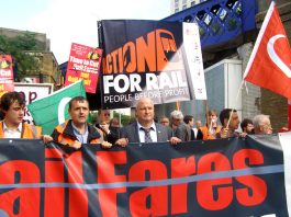 RMT General Secretary Bob Crow with RMT members and commuters at Waterloo Station on Tuesday morning