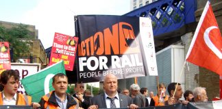 RMT General Secretary Bob Crow with RMT members and commuters at Waterloo Station on Tuesday morning